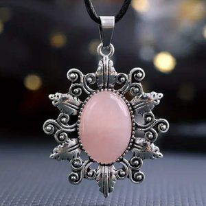 Rose Quartz Natural Stone Sunflower Pendant Hollow Pattern Gemstone Necklace